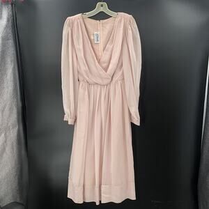 Miss Elliette Women's Vintage 1990s Puff Sleeve Faux Wrap Pleated Dress Pink